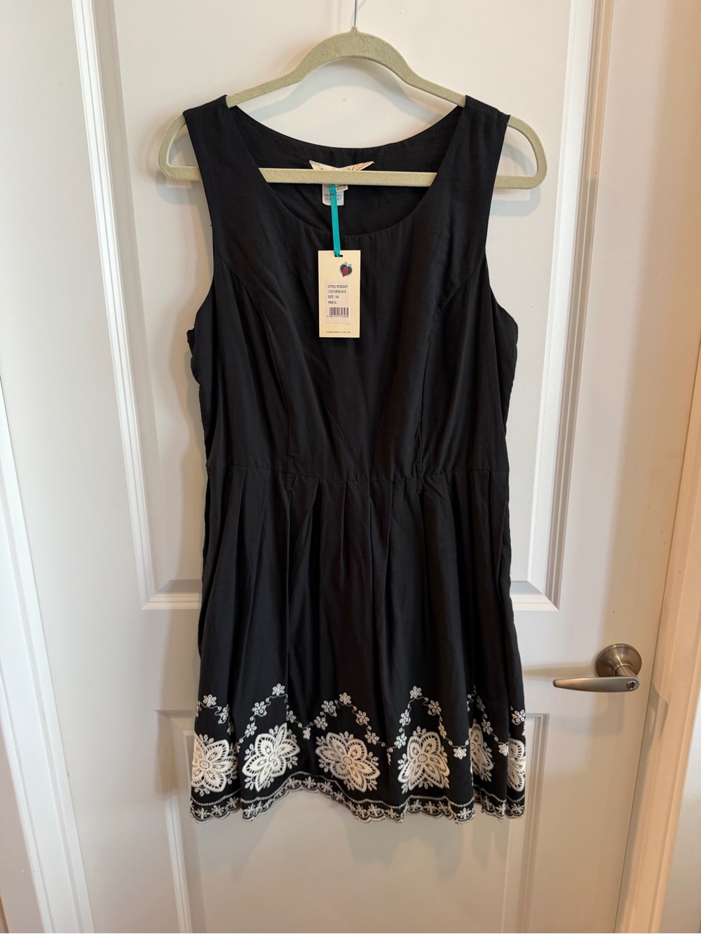 Sleeveless Black Midi Dress with White Embroidered Hem